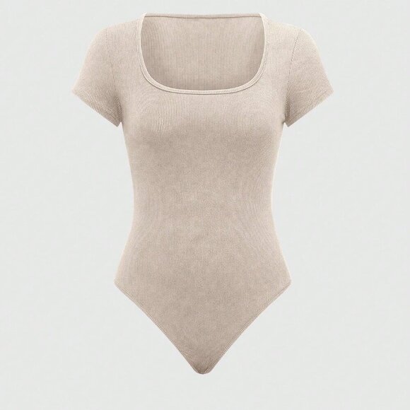 Apricot Casual Women's Solid Color Short Sleeve Bodysuit And Drawstring Pants - Picture 3 of 6